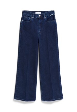 Donkerblauwe wijde jeans met hoge taille, gemaakt van denim. Bevat voorzakken, een knoopsluiting en gestikte naden.