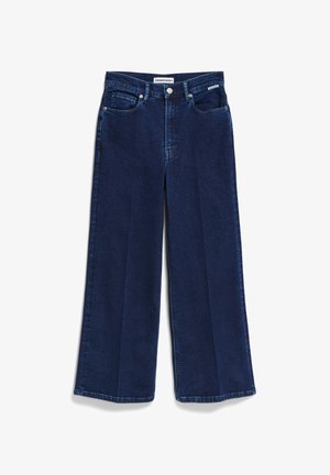 Donkerblauwe wijde jeans met hoge taille, gemaakt van denim. Bevat voorzakken, een knoopsluiting en gestikte naden.