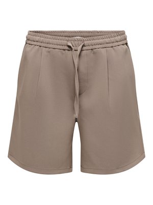 Short beige décontracté avec taille élastique et cordon à l'avant, tissu lisse et ourlet droit.
