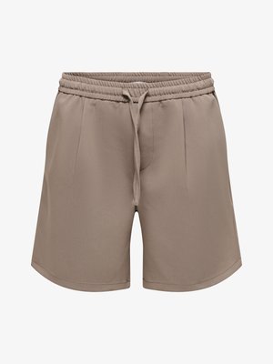 Short beige décontracté avec taille élastique et cordon à l'avant, tissu lisse et ourlet droit.