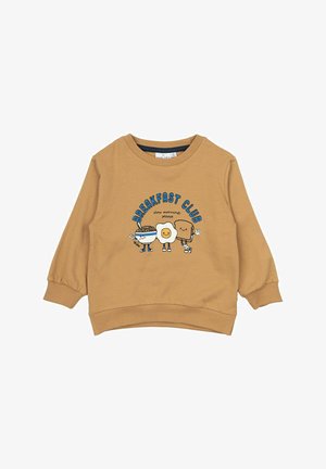 Hanorac bej cu personaje de desene animate reprezentând mâncare, având textul "BREAKFAST CLUB". Manșete și tiv rib, țesătură moale din bumbac, croială lejeră.