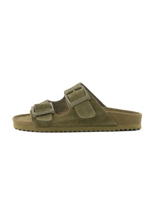Olive green suede slide sandal with two adjustable buckled straps and a ridged sole.