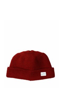 Red knitted beanie with a textured finish, featuring a folded cuff and a small white label on the front. Circular top and snug fit.