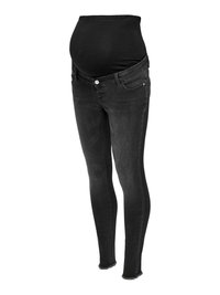 Black maternity skinny jeans with a stretchy high waistband designed to fit comfortably over a pregnant belly.