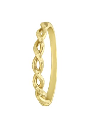 Gouden ring met een gedraaide ontwerp met gladde en textuursecties, die een patroon van met elkaar verweven lussen creëren. Cirkelvormig.
