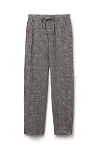 Zwart-witte geblokte broek met elastische tailleband, trekkoord en zijzakken; lichtgewicht stof, relaxte pasvorm, straight leg ontwerp.