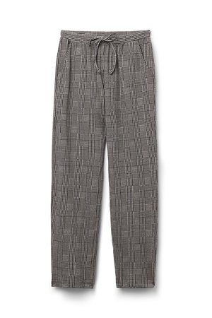 Pantalon à carreaux noir et blanc avec taille élastique, cordon de serrage et poches latérales ; tissu léger, coupe décontractée, design à jambe droite.