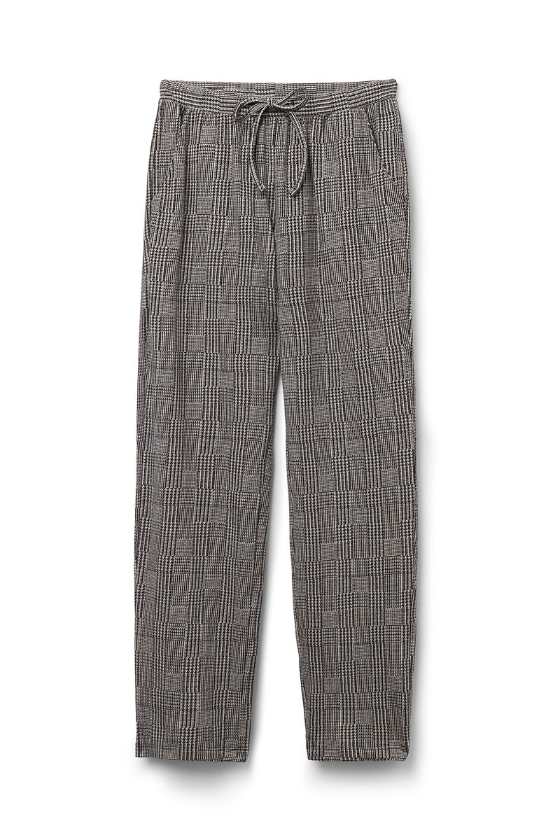 Zwart-witte geblokte broek met elastische tailleband, trekkoord en zijzakken; lichtgewicht stof, relaxte pasvorm, straight leg ontwerp.