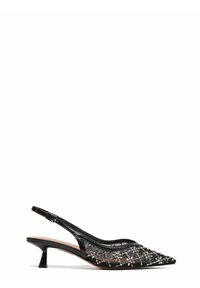 Décolleté nera con punta affilata, caratterizzata da un upper in pizzo decorato con dettagli floreali bianchi in perline e un tacco moderato.