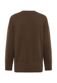 Pull en maille marron à manches longues avec bord-côte à l'ourlet et aux poignets, vu de dos sur fond blanc.