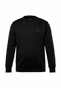 Sudadera negra hecha de tejido suave, con cuello redondo, mangas largas y un pequeño logo negro "M" en el pecho.