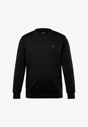 Czarna bluza wykonana z miękkiego materiału, z okrągłym dekoltem, długimi rękawami i małym czarnym logo "M" na piersi.