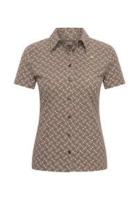 Korte mouwen bruin shirt met wit geometrisch patroon, knoopsluiting aan de voorkant, spitse kraag en een klein gouden logo accent.