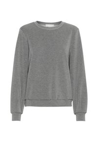 Szara bluza z miękkiego materiału, z okrągłym dekoltem, długimi rękawami i skróconym dołem z prążkowanymi detalami przy mankietach i na dole.