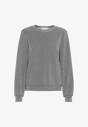 Sivá mikina vyrobená z mäkkej tkaniny, s okrúhlym výstrihom, dlhými rukávmi a skráteným lemom s rebrovanými detailmi na manžetách a na spodnej časti.