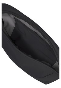 Petite pochette noire zippée ouverte, dévoilant une doublure intérieure grise et une poche intérieure zippée, avec un tissu extérieur en nylon texturé.