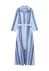 Rochie lungă, cu nasturi, într-o combinație de albastru deschis și dungi verticale albe, având o talie evidențiată printr-un brâu și mâneci de lungime 3/4. Confecționată dintr-un material ușor.