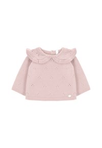 Top de punto rosa claro con escote redondo y cuello con volantes, mangas largas y patrones de ojal decorativos en todo el diseño.