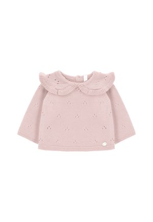 Top de punto rosa claro con escote redondo y cuello con volantes, mangas largas y patrones de ojal decorativos en todo el diseño.