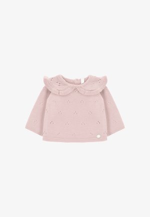 Top de punto rosa claro con escote redondo y cuello con volantes, mangas largas y patrones de ojal decorativos en todo el diseño.