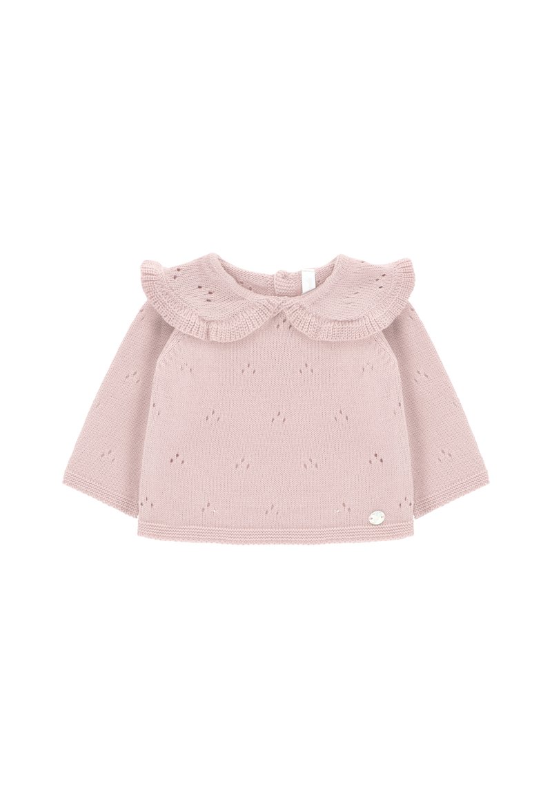 Top de punto rosa claro con escote redondo y cuello con volantes, mangas largas y patrones de ojal decorativos en todo el diseño.