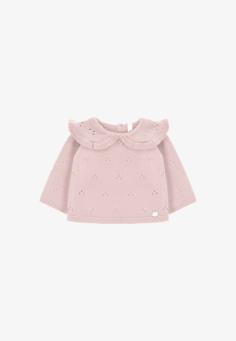 Top de punto rosa claro con escote redondo y cuello con volantes, mangas largas y patrones de ojal decorativos en todo el diseño.