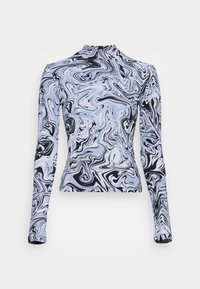 Haut à manches longues marbré avec un col montant, dans des teintes de bleu, noir et blanc. Confectionné dans un tissu lisse et extensible avec une coupe ajustée.