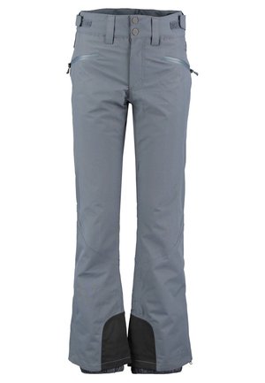 Pantalones exteriores grises con bolsillos laterales con cremallera, cintura con doble botón, pestañas ajustables y tela negra reforzada en los dobladillos inferiores de las piernas.