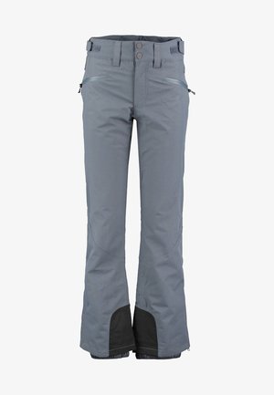 Pantalon de plein air gris avec poches latérales zippées, taille à double bouton, pattes réglables et tissu noir renforcé aux ourlets inférieurs des jambes.