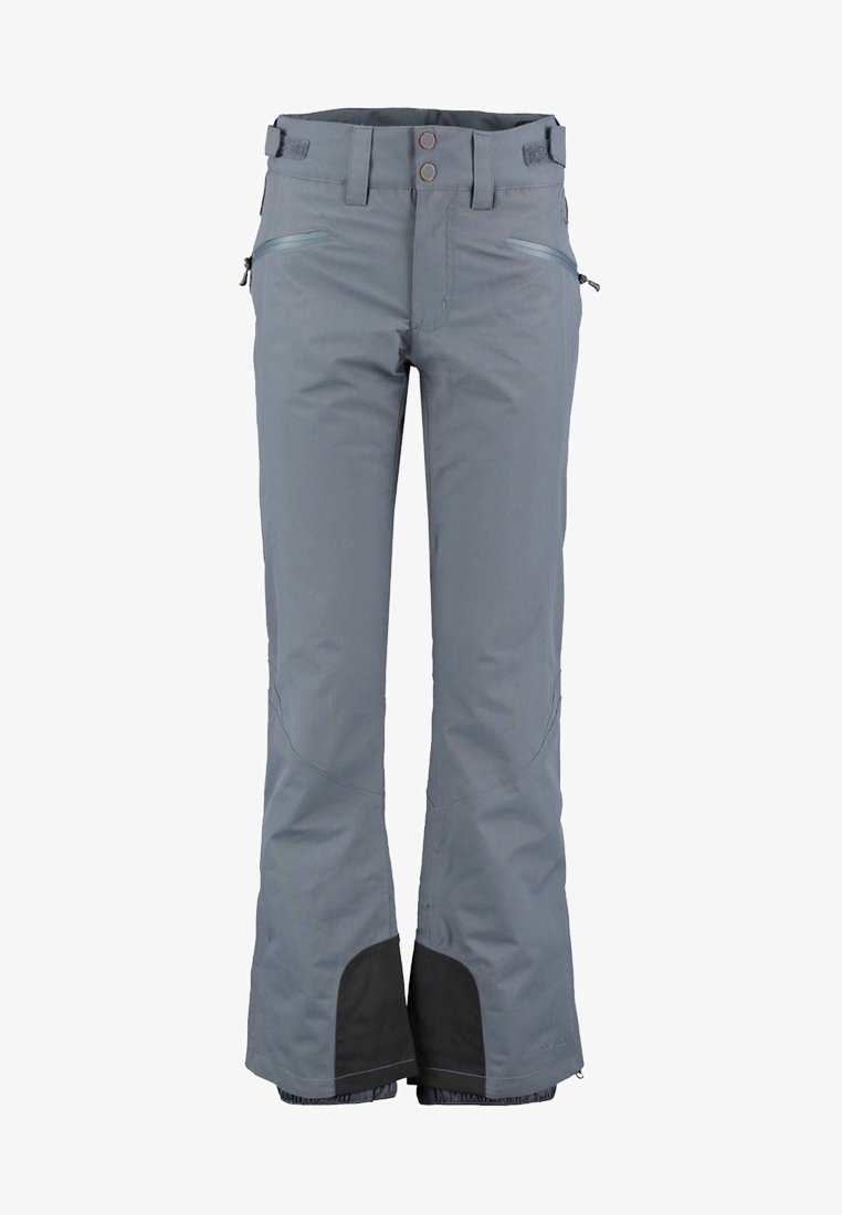 Pantalon de plein air gris avec poches latérales zippées, taille à double bouton, pattes réglables et tissu noir renforcé aux ourlets inférieurs des jambes.