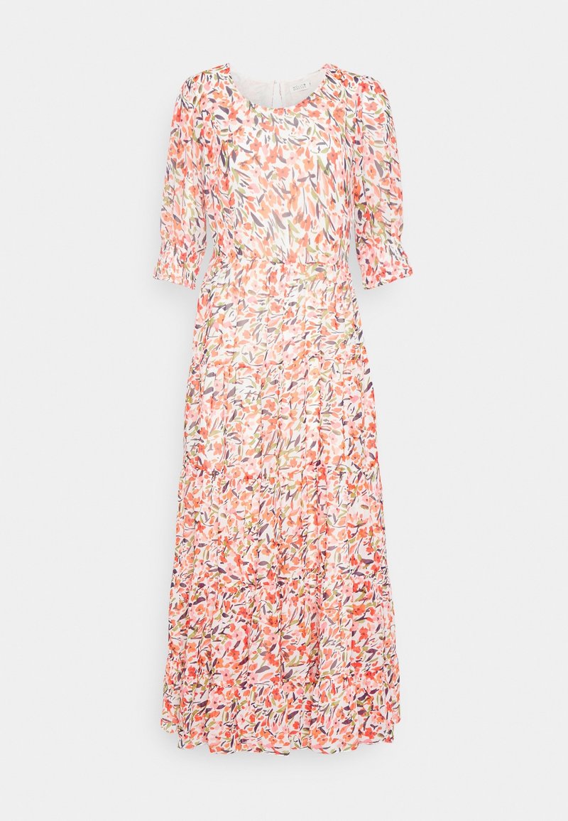 Robe midi à motif floral avec manches trois-quarts bouffantes, col rond et jupe à volants dans des tons de rose, orange, vert et violet.