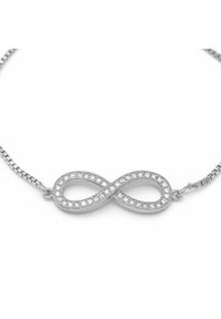 Bracelet en argent présentant un symbole de l'infini orné de petits cristaux clairs, monté sur une chaîne délicate avec un fermoir.