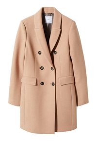 Abrigo cruzado de mezcla de lana color beige claro, con cuello con muesca, dos bolsillos delanteros y botones negros para cierre.