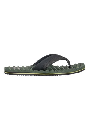 Black and green flip-flop featuring a textured sole, ribbed underside, and a perforated strap for breathability and grip.