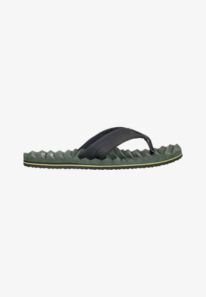 Black and green flip-flop featuring a textured sole, ribbed underside, and a perforated strap for breathability and grip.