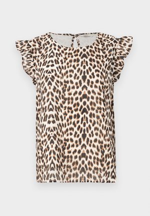 Blusa de estampado de leopardo con mangas cortas y volantes, hecha de tela ligera. La paleta de colores incluye tonos beige, marrón y negro.