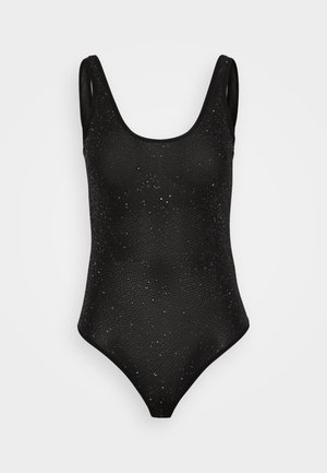 Black one-piece swimsuit with a scoop neckline and thick straps, featuring a glittery texture and scattered reflective accents.