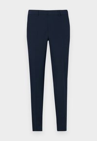 Marineblaue, taillierte Hose mit schmaler Passform, flachem Bund und Gürtelschlaufen, aus glattem Stoff. Keine sichtbaren Muster oder Verzierungen.