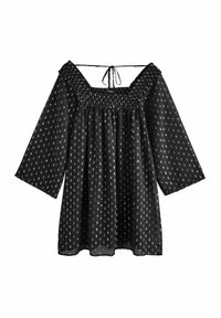 Čierna blúzka s off-the-shoulder výstrihom, smockovaným telom, 3/4 rukávmi a bielym geometrickým vzorom. Viazanie na chrbte. Ľahká tkanina.