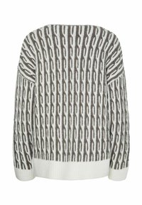 Pull en maille présentant un motif texturé de boucles allongées en gris sur un fond crème. Ourlet et poignets côtelés. Coupe carrée.