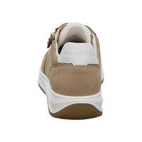 Tan sneaker with white padded collar, perforated sides, side zipper, and white sole shown from the back on a white background.