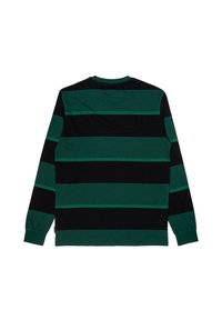 Camicia a maniche lunghe con righe orizzontali in verde scuro e nero. Realizzata in cotone morbido, con collo girocollo e polsini a costine.