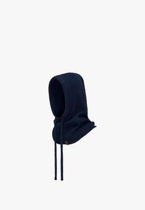 Pasamontañas de punto azul marino con una textura de canalé grueso, que cuenta con dos cordones y un borde inferior plano. Diseño simple y funcional.