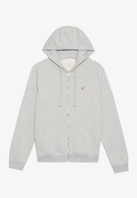 Sudadera con cremallera gris hecha de una suave mezcla de algodón. Cuenta con capucha, bolsillos frontales y un pequeño logo bordado en el pecho.