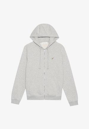 Haut à zip gris en mélange de coton doux. Dispose d'une capuche, de poches avant et d'un petit logo brodé sur la poitrine.