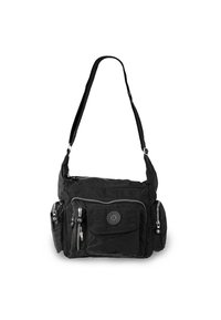 Sac à épaule noir avec plusieurs poches zippées, en tissu texturé, une bandoulière réglable et un détail de logo rond sur le devant.