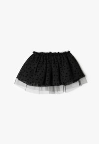 Gonna in tulle nera con vita arricciata, caratterizzata da un sovrapposto trasparente e un motivo sottile. Texture morbida, design stratificato e forma ad A.