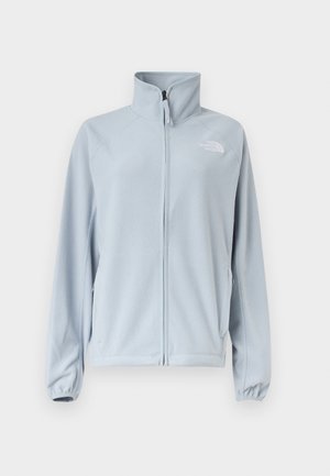 Ανοιχτό μπλε φλις μπουφάν με πλήρες εμπρόσθιο φερμουάρ, ψηλό γιακά, πλαϊνές τσέπες, ελαστικά μανίκια και μικρό λογότυπο στο αριστερό στήθος.