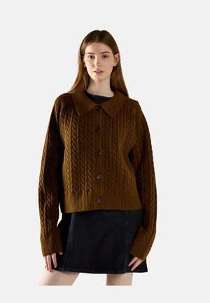 Jonge vrouw met lang haar die een bruine kabelgebreide vest met knopen en een zwarte rok draagt, staand tegen een effen achtergrond.