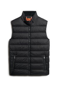 Schwarze Steppweste mit hohem Kragen, gestepptem Design, Frontreißverschluss und zwei seitlichen Taschen. Enthält eine orangefarbene Markenkennzeichnung innen am Kragen.